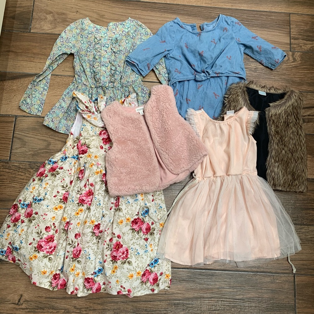 Size 3t bundle- 2 fur vests, 2 dresses, and shirt